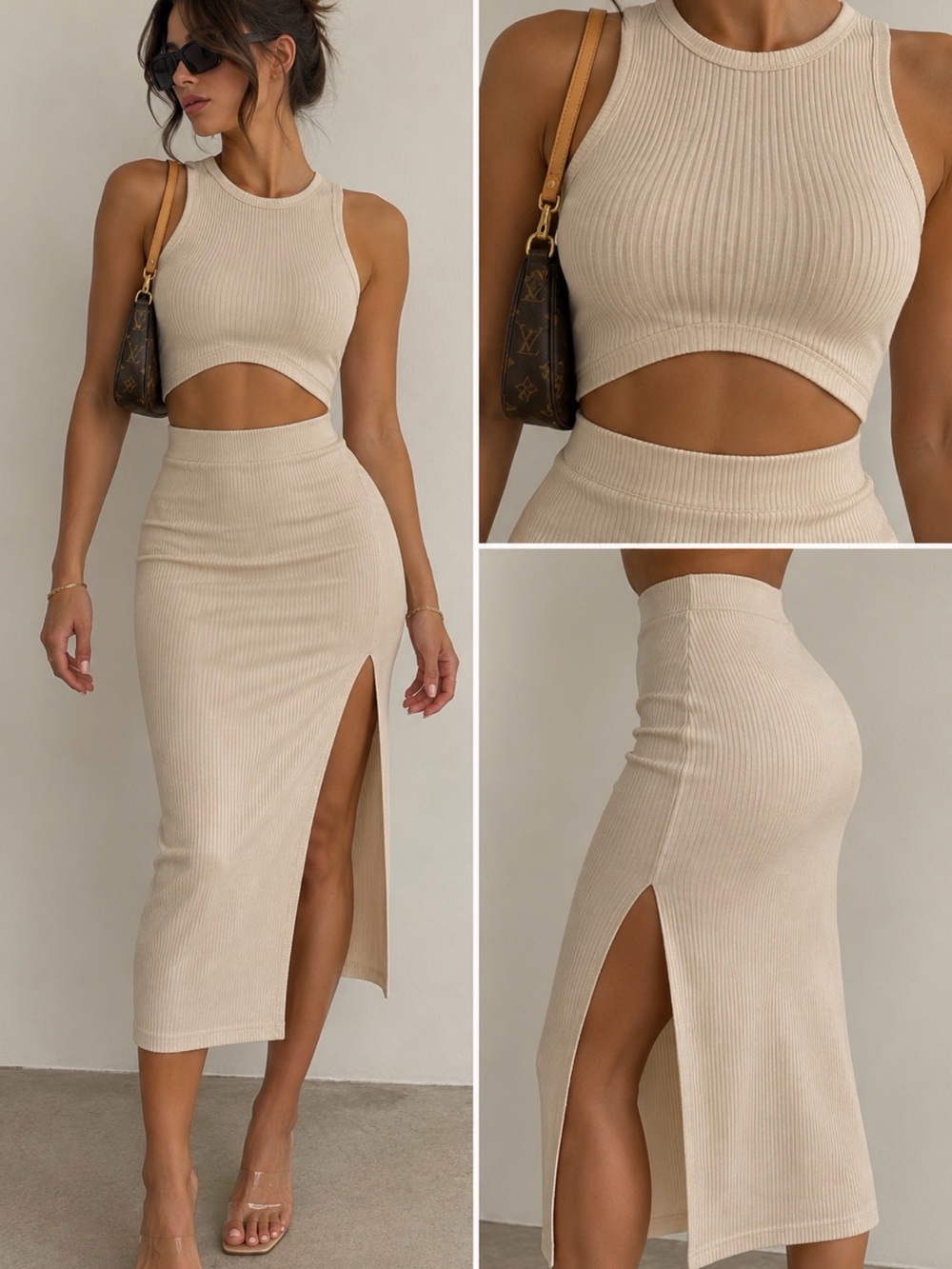 Ribbed High-Waist High-Neck Midi Slit Skirt SET in Beige/Cream Size Small 4